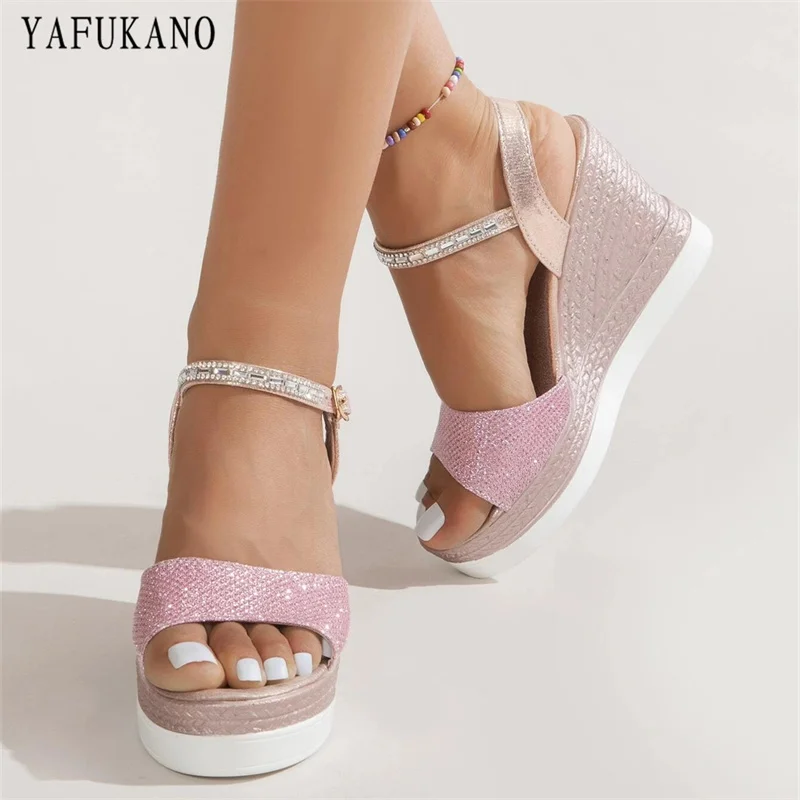 2019 Glitter Beads Girls Wedge Heels Platform Ankle Strap Sandals Womens  Shoes