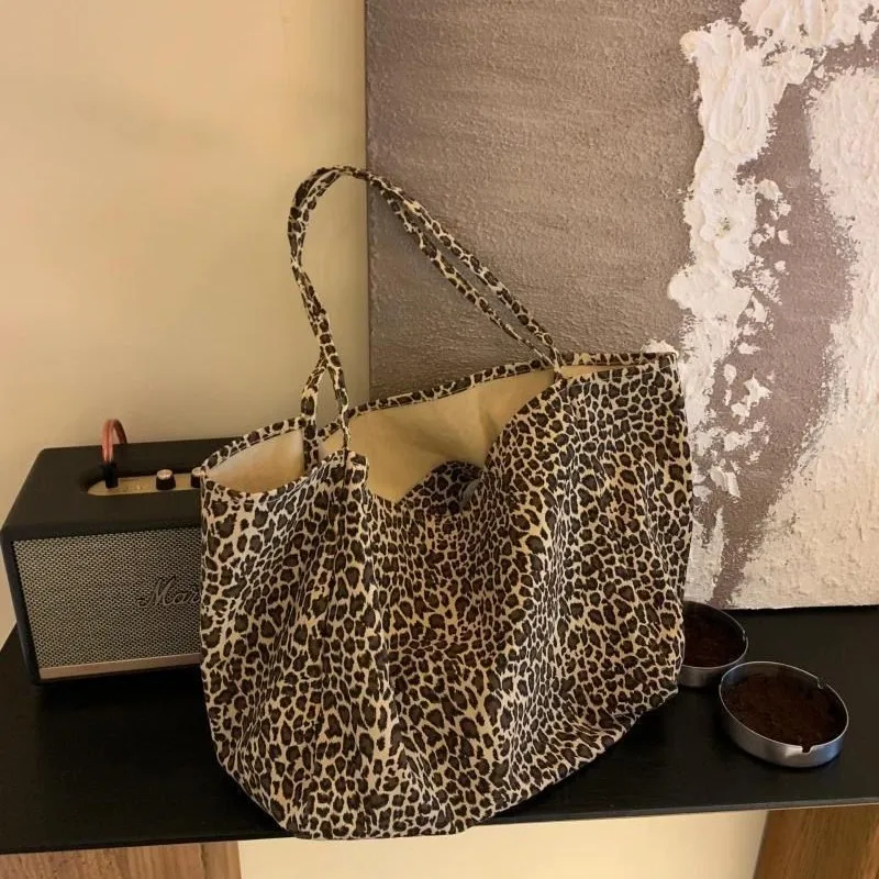 JIAERDI Vintage Leopard Print Tote Bag Handbag Women Retro Large Capacity Casual Shoulder Bags Female Harajuku Canvas Y2k Bags