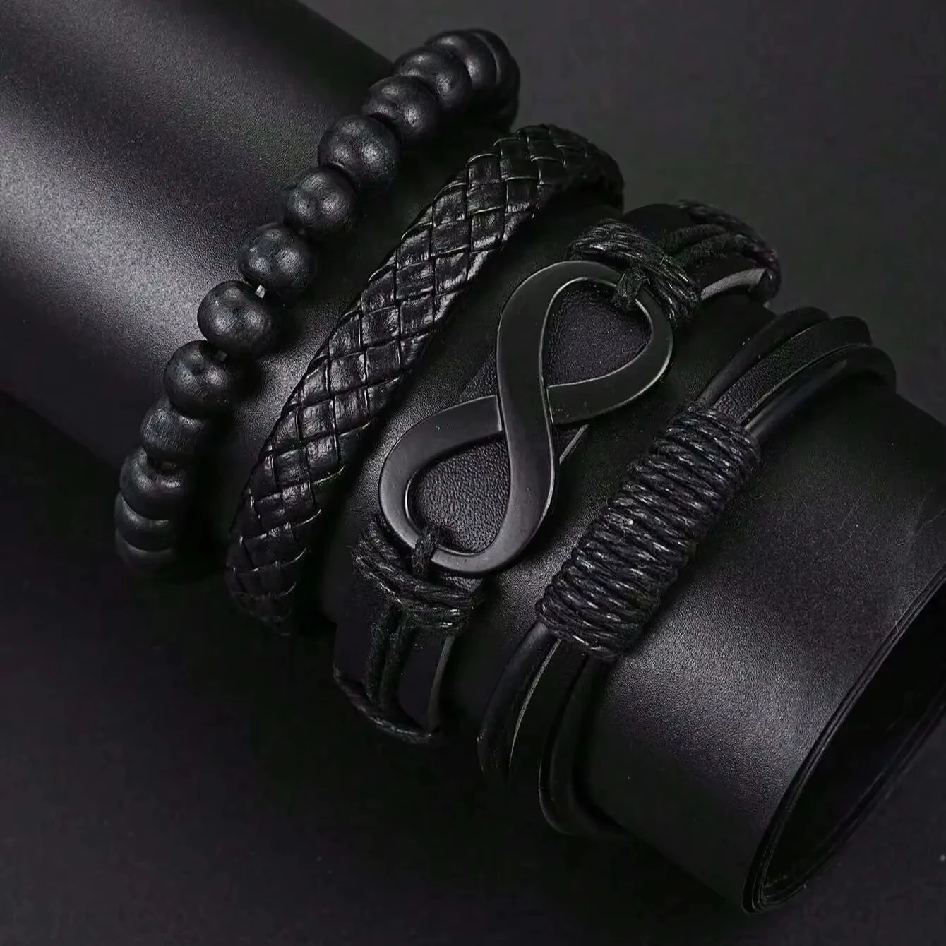 5/6pcs Set Fashionable Pu Leather '8' Shape Beaded Bracelet With Mechanical Watch, Cross Pendant Necklace For Men, Black-Colored 2