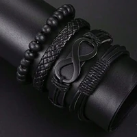 5/6pcs Set Fashionable Pu Leather '8' Shape Beaded Bracelet With Mechanical Watch, Cross Pendant Necklace For Men, Black-Colored 2