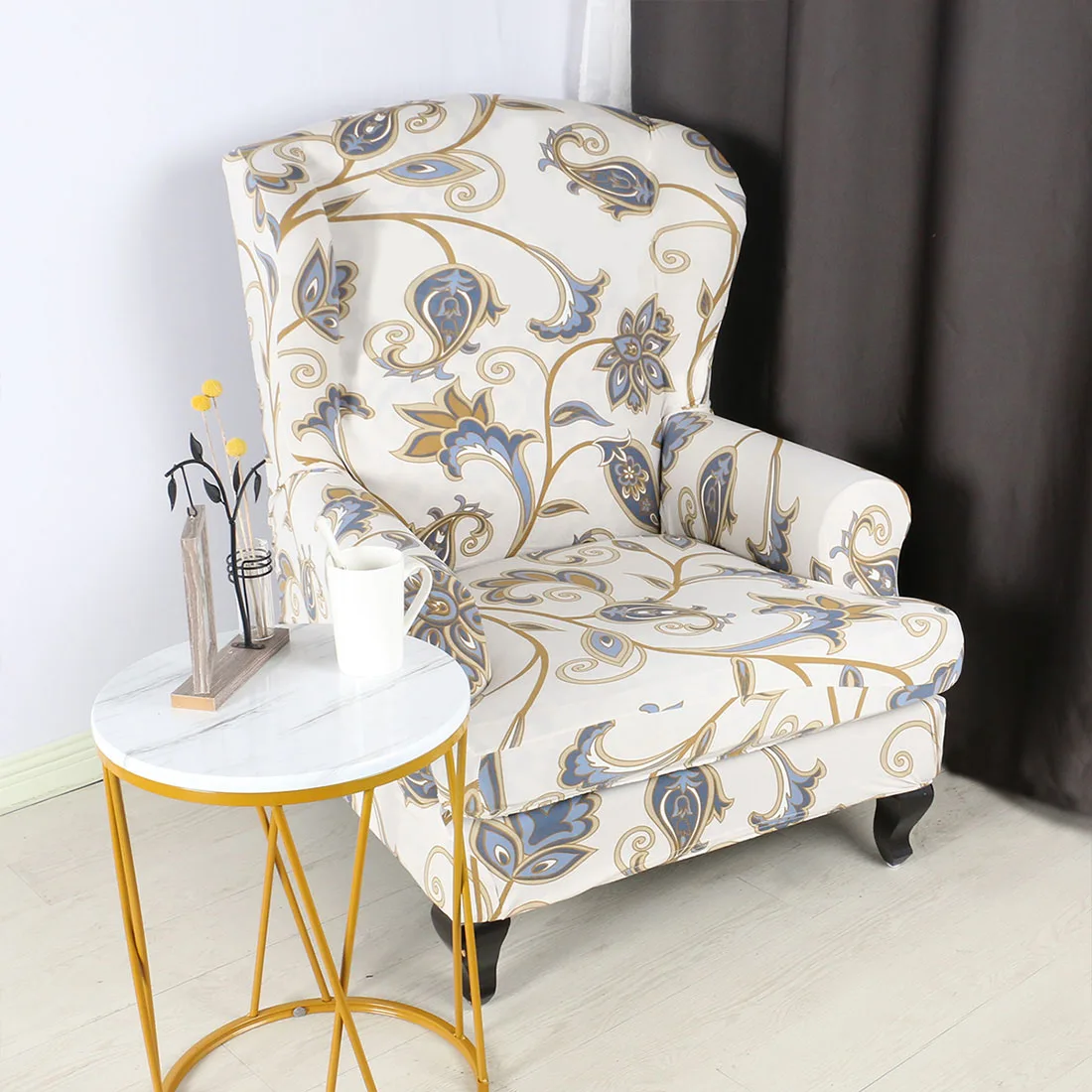 

Printed Sloping Arm King Armchair Cover Elastic Armchair Slipcover Wingback Wing Sofa Back Chair Cover funda sillon orejero