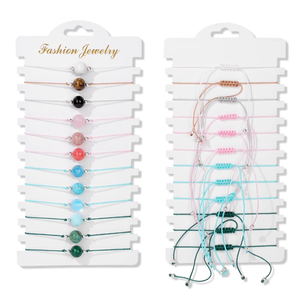 Colorful Natural Stone Adjustable Rope Bracelets - Handmade Bohemian Set with Cards (12 Pieces)