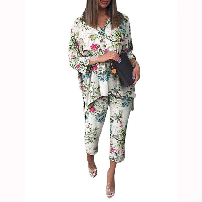 

New Women Cotton Linen Two Piece Sets Fashion V-Neck Floral and Dot Print Tops and Wide Leg Pants Sets Office Lady Pants Outfits