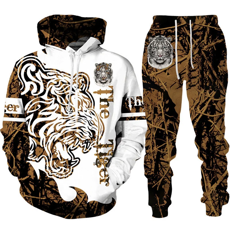 Cool Tiger 3D Animal Print Hoodie+Pants Suit Long Sleeve Pullover Men\'s Sportswear Tracksuit Couple Outfit Two Piece Jogging Set