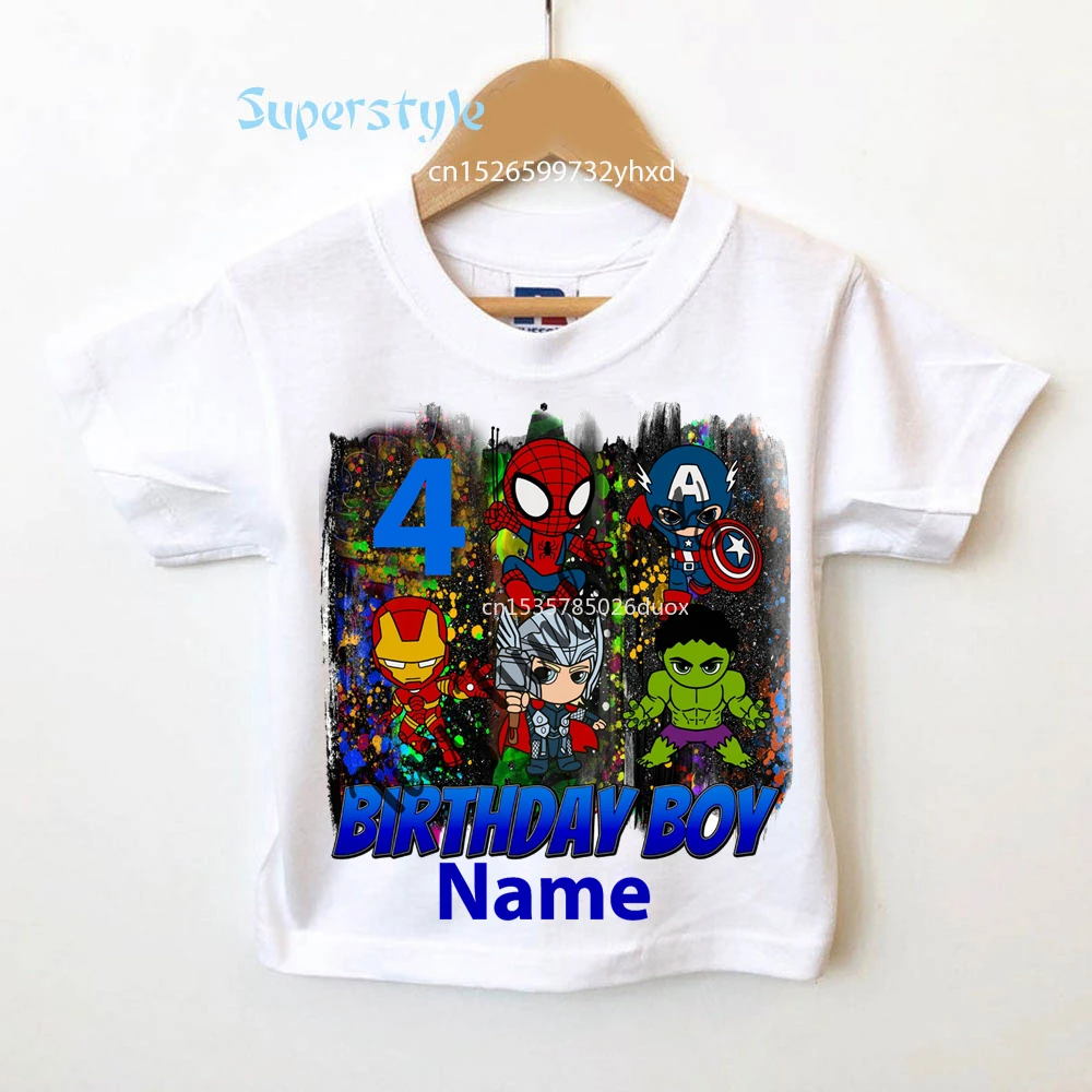 

Personalize Name Marvel Spiderman Hulk Iron Man Shirts New Children Clothing Baby Boy Happy Birthday 1~9 Y Short Sleeve T-shirt