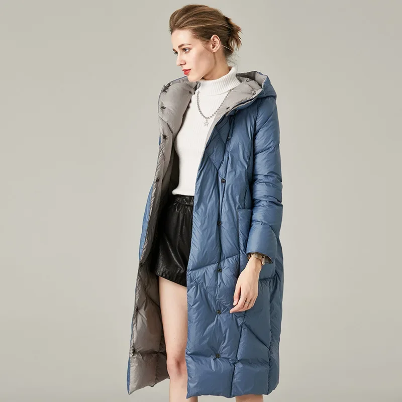 Down jacket women's mid length 2023 new autumn/winter hooded thickened fashionable loose cocoon blue jacket