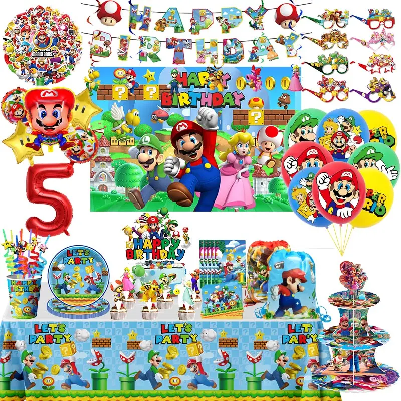 Decoración de fiesta de cumpleaños de Super Mario Bros, juego de Mario Brother, vajilla temática, taza, plato, globo, suministros para fiestas, fondo para niños