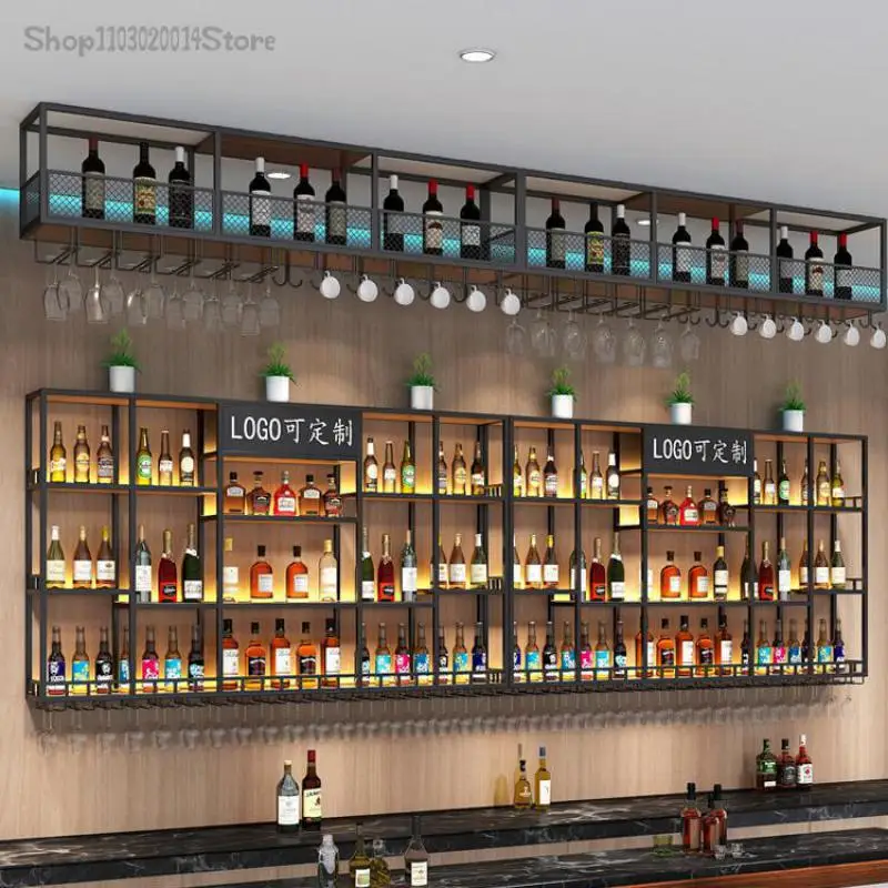 Shop Wall-mounted Red Wine Shelf Simple Bar Counter Wall-mounted Wine Cabinet Display Cabinet Iron Art Luminous Rack