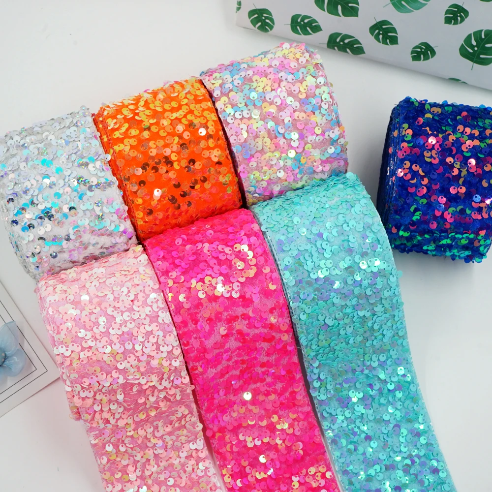 3 Inch 75mm DIY Double Color Peeled Untidy Sequin Fabric Reversible Sequin Ribbon For Craft Supplies Sewing Accessories 5 Yard