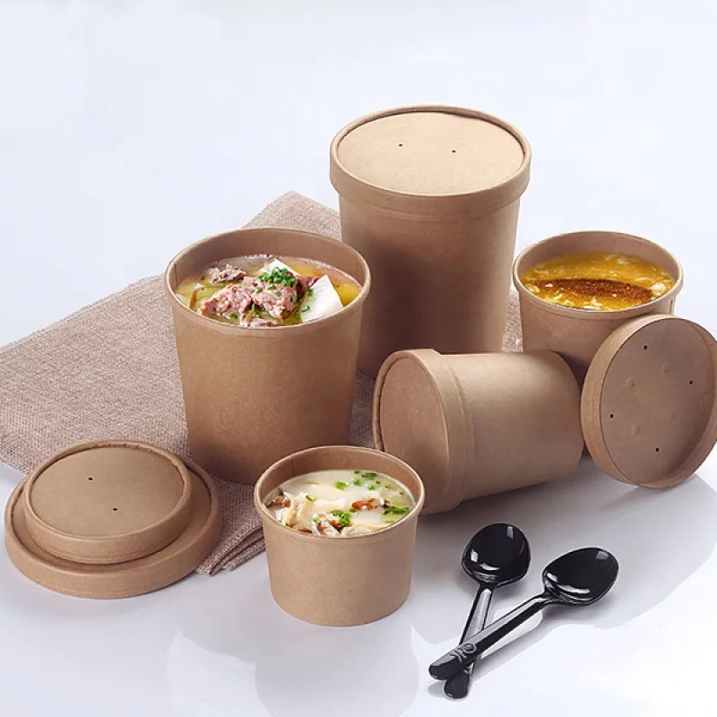 Custom  Eco Friendly Disposable takeaway food container Kraft Paper noodle bowls Hot Soup Cups With Paper Flat Lid custom eco reusable hard large fast food packaging takeaway custom logo twisted handle kraft paper bag