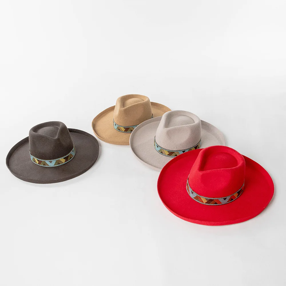 Fedora-Hüte mit 9 cm Krempe, 100 % Wolle, Panama-Jazz-Kappe, flach, große Upturn-Krempe, britischer Stil, Stickerei, Band, Kirche, Hochzeit, Party – Detail 2