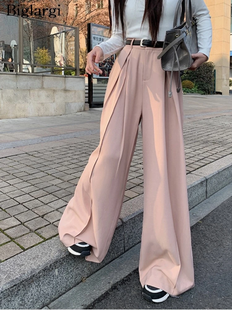 

Spring Wide Leg Pant Women Casual Loose Korean Style Pleated Ladies Trousers Fashion Elastic High Waist Woman Long Pink Pants