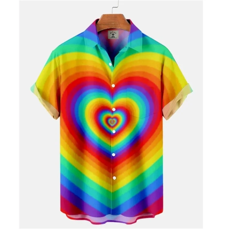 thumbnail image 1 of Camisa de verano de gran tamaño con estampado romántico de arcoíris para hombre, camisetas de manga corta con estampado digital, camisa hawaiana para hombre, 1 of 4