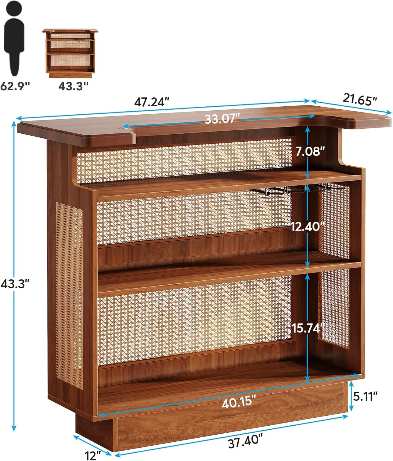 Little Tree Rustic Home Bar Unit, Rattan Table With 4 Tiers Storage, Liquor Wine Cabinet Mini Table For Home Pub