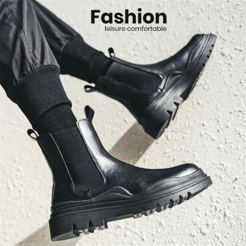 Fashion Mens Martin Sheoes Platform Chelsea Boots Thick Bottom Split Leather Ankle Boots Male Footwear Round Toe Short Boots
