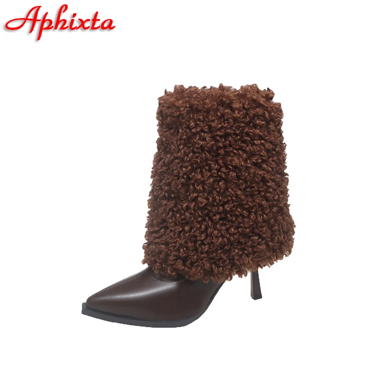 Aphixta Winter 8.5cm Thin Heels Curl Hair Outsourcing Mid-Calf Boots Pointed Toe Woman Shoes Plush Footwear