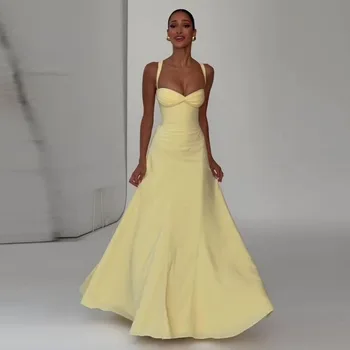 Elegante Abito Lungo da Sera Giallo con Schiena Scoperta e Lacci, Abito da Ballo Sexy Estivo da Donna con Spalline Sottili, Vestito Formale da Cerimonia