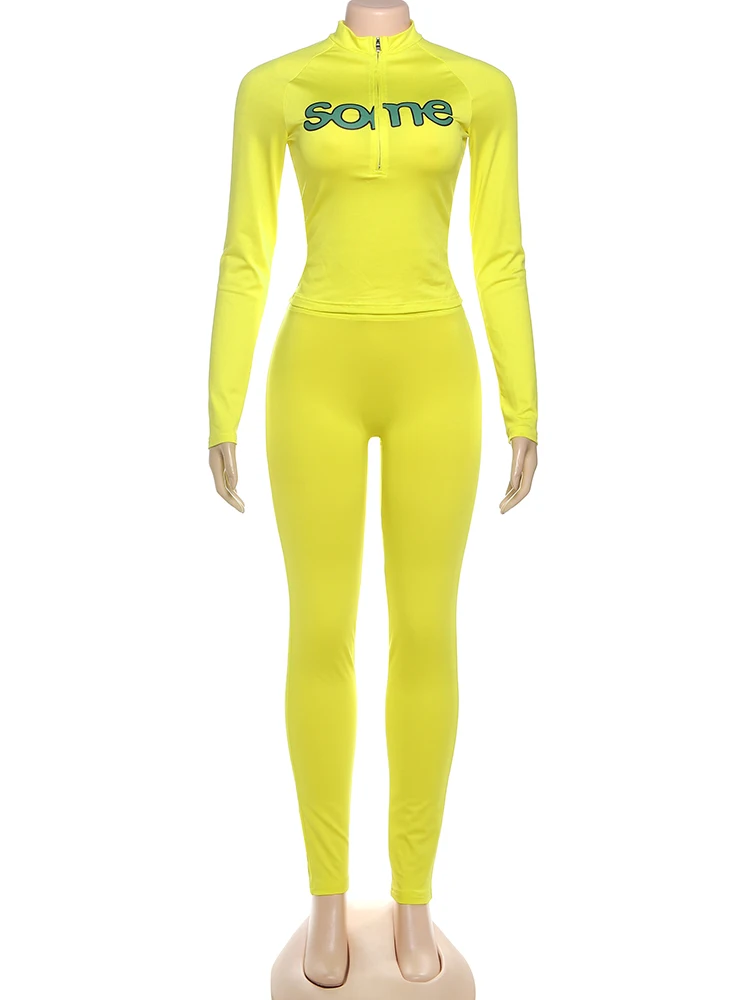 Nibber Printing Women 2 Piece Set Letter Zip Crop Top+Legging Matching Street Stretch Skinny Streetwear Casual Sporty Outfits