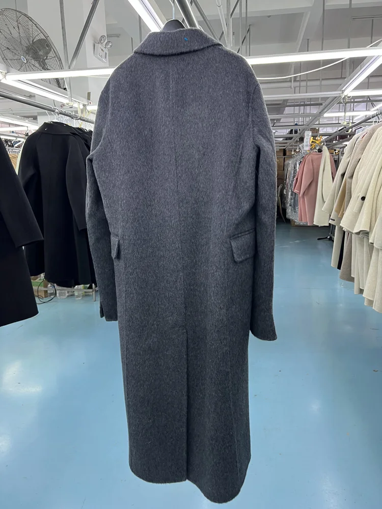 New Gray Simple Double-sided Wool Cashmere Coat Women Lapel Double Breasted Long Sleeve Woolen Coats Fashion Fit Autumn Winter