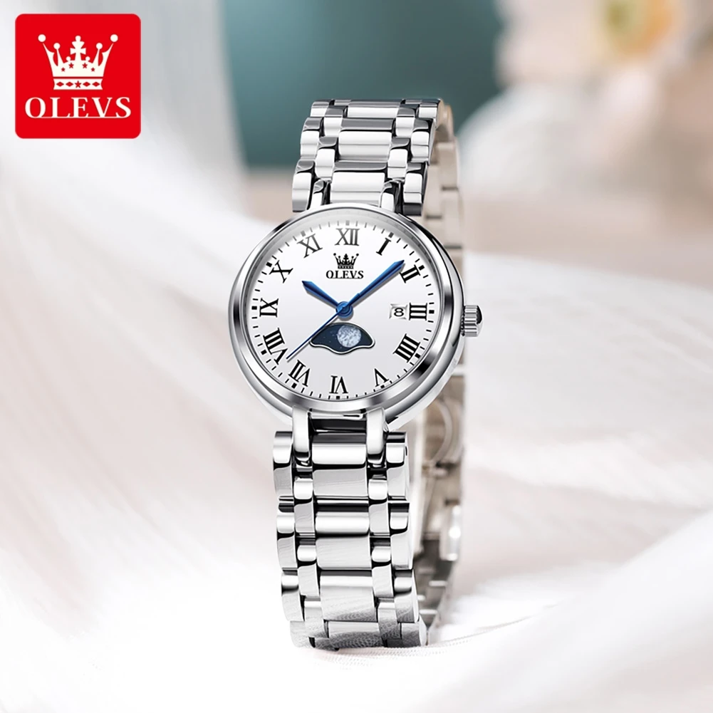 OLEVS Brand Luxury Moon Phases Quartz Watch for Women Stainless Steel Strap Waterproof Fashion Date Women Dress Wristwatch