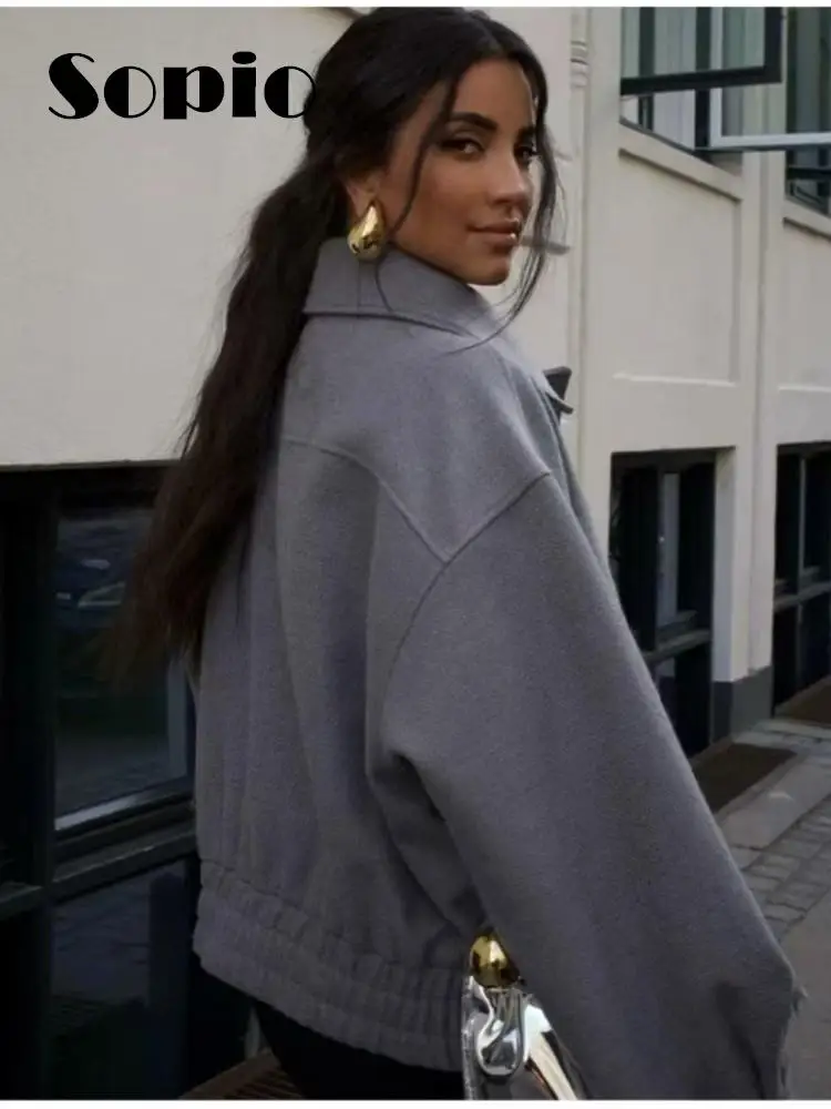 

Fashion Casual Bomber Jacket Women Vintage Pocket Turn-down Collar Jacket Coats Female 2023 Autumn Winter Long Sleeve Overcoat