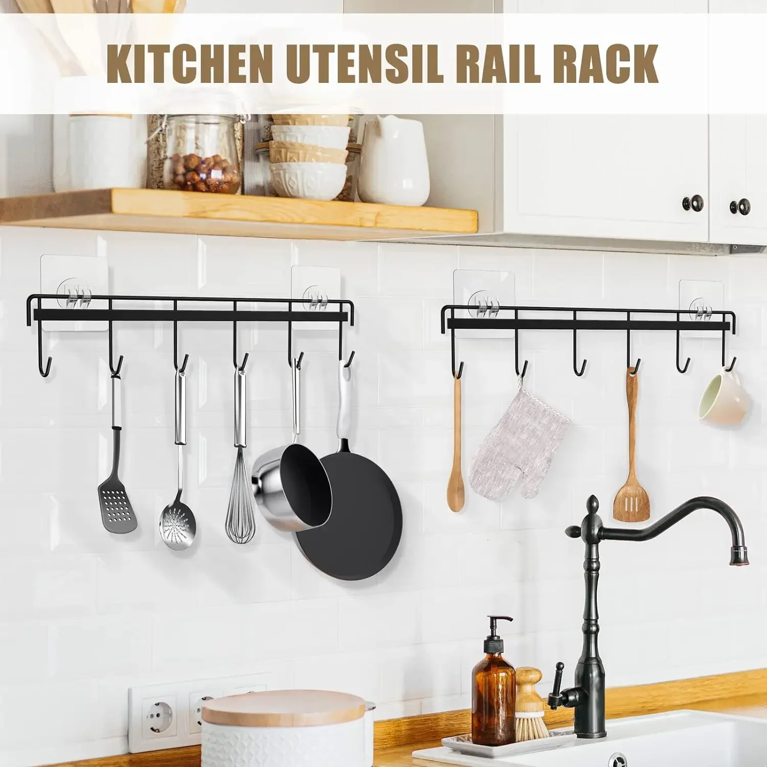 Kitchen Utensil Storage Rack Wall Mount Adhesive Kitchen Hanger Holder Space Saving Kitchen Organization Wall Hooks 2