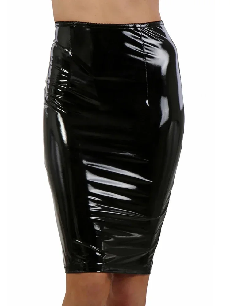 High Waist Women Patent Leather Midi Skirt Sexy Faux Latex Pencil Skirt Back Full Zip Ladies Stretch Slim PVC Clubwear Custom shiny patent leather overalls women pvc hooded jumpsuits gothic bloomers ladies faux latex one piece costume clubwear new custom