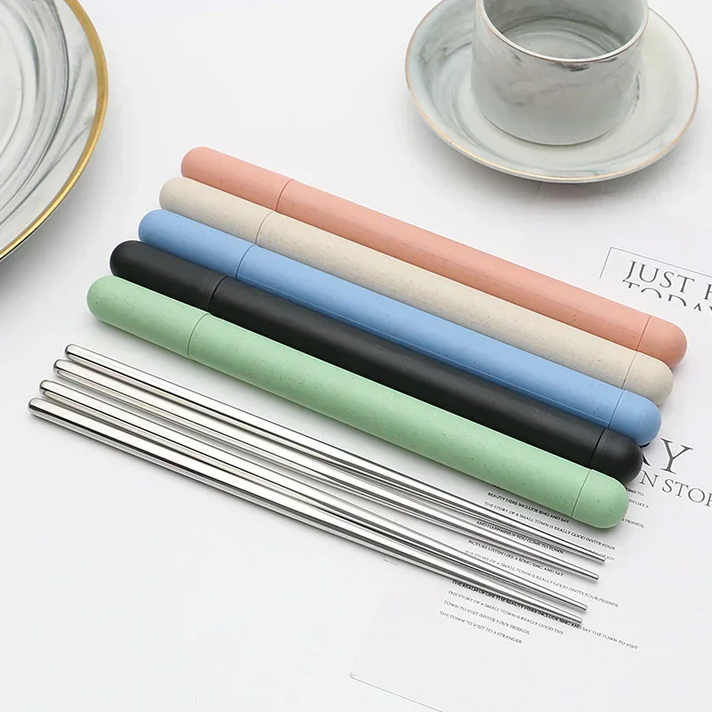 

1 Pair Chopstick Stainless Steel Dinnerware Lunch Tableware Travel Portable Chopsticks with Storage Box Home Kitchen Accessories