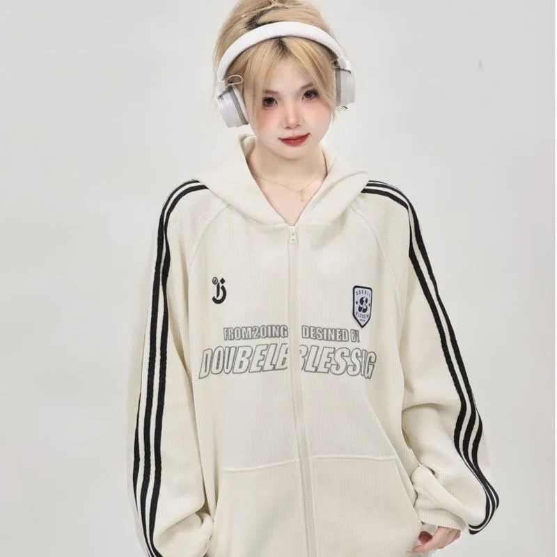2024 New Spring Autumn Hooded Coat Student Women Casual Fashion Striped Comfortable Outwear Retro Oversize Jacket Large Size Top