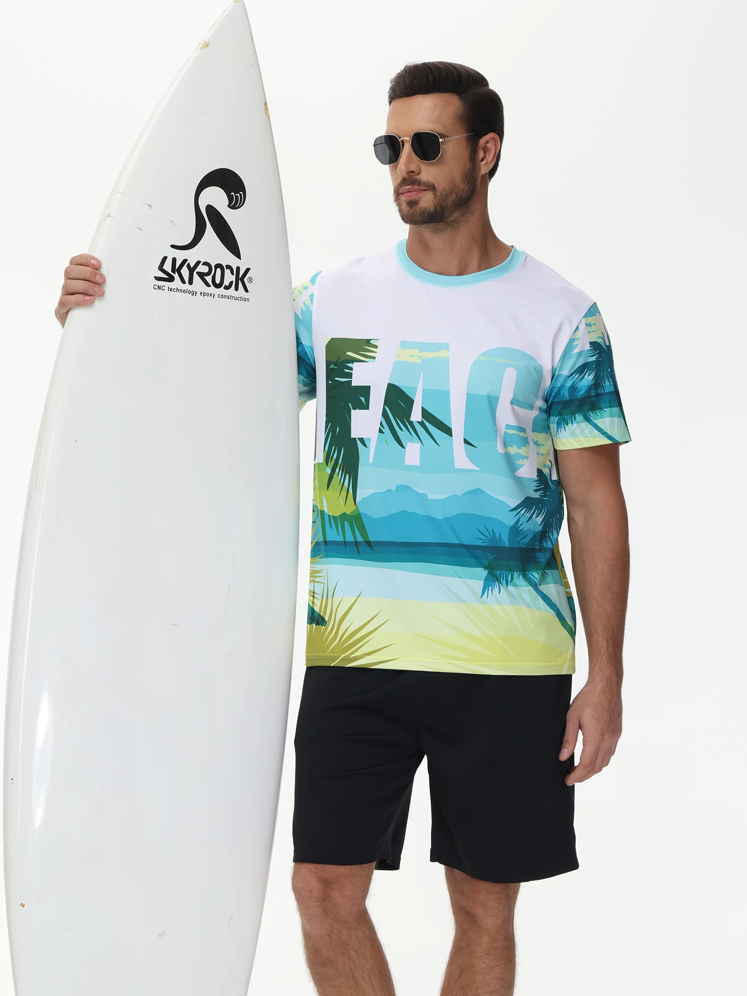 Summer Printed Fishing Shirt Swimming T-shirt Quick-dry UPF 50+ Short Sleeve Athletic Crewneck for Board Sports Brea