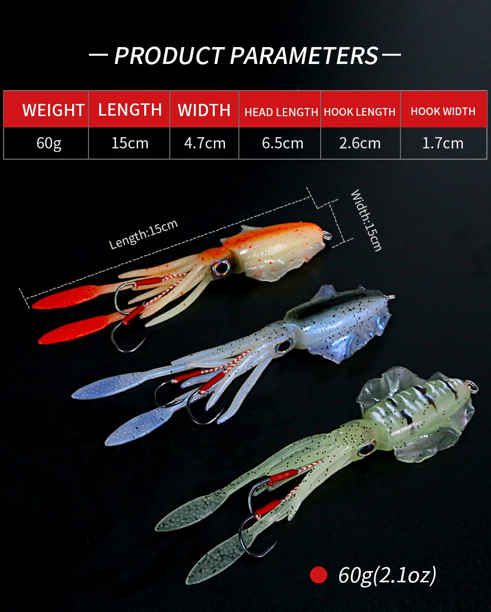 ORJD Trolling Lure Soft Squid Lure 7g 15g 20g 60g Luminous UV Squid Jig For Sea Fishing Boat Fishing Wobbler Bait For Snapper