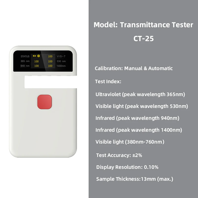 Portable Transmittance Tester CT-25, UV, VL, IR Transmittance Meter, 365nm/530nm/1400nm, suitable for solar film, optical glass, 6