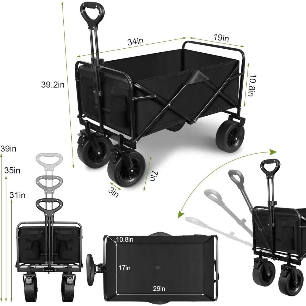 Collapsible Wagon Cart, Portable Heavy Duty Large Capacity Outdoor Garden Wagon with Big All-Terrain Wheels and Drink Holders 2