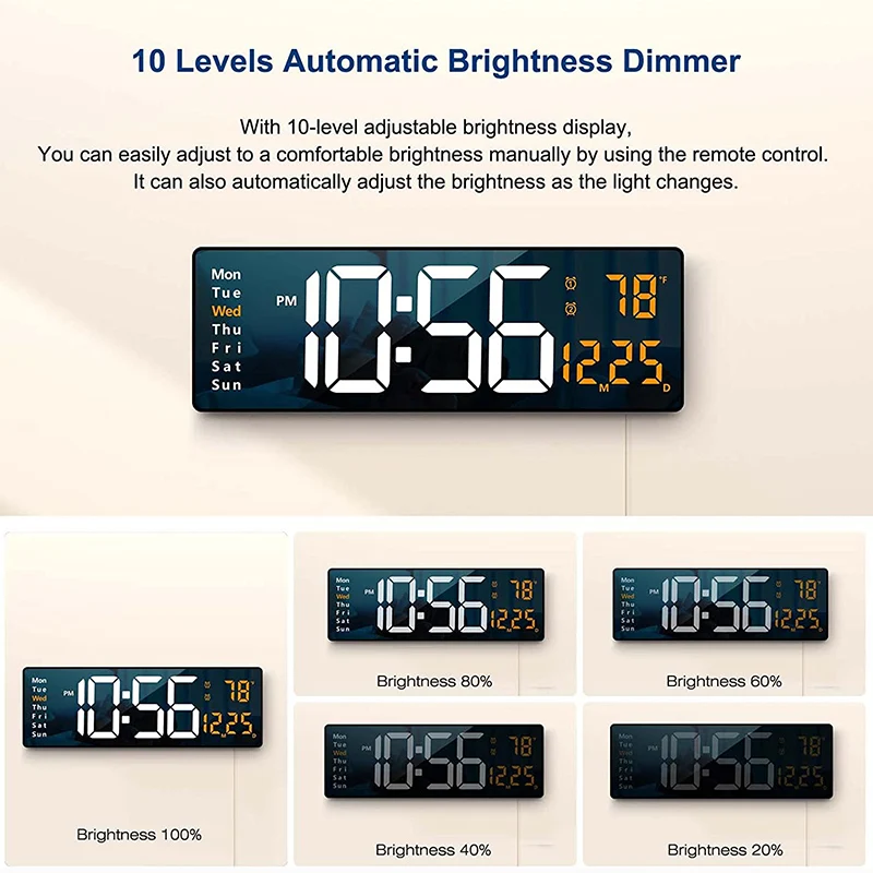Wall-mounted Digital Wall Clock Remote Control Large Temp Date Week Display Power Off Dual Alarms Table Clock