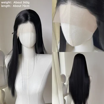 Parrucca nera 26 pollici 13x4 Parrucca anteriore in pizzo per le donne Parrucche sintetiche Lolita Capelli neri per l'uso quotidiano Fibra resistente al calore per feste cosplay