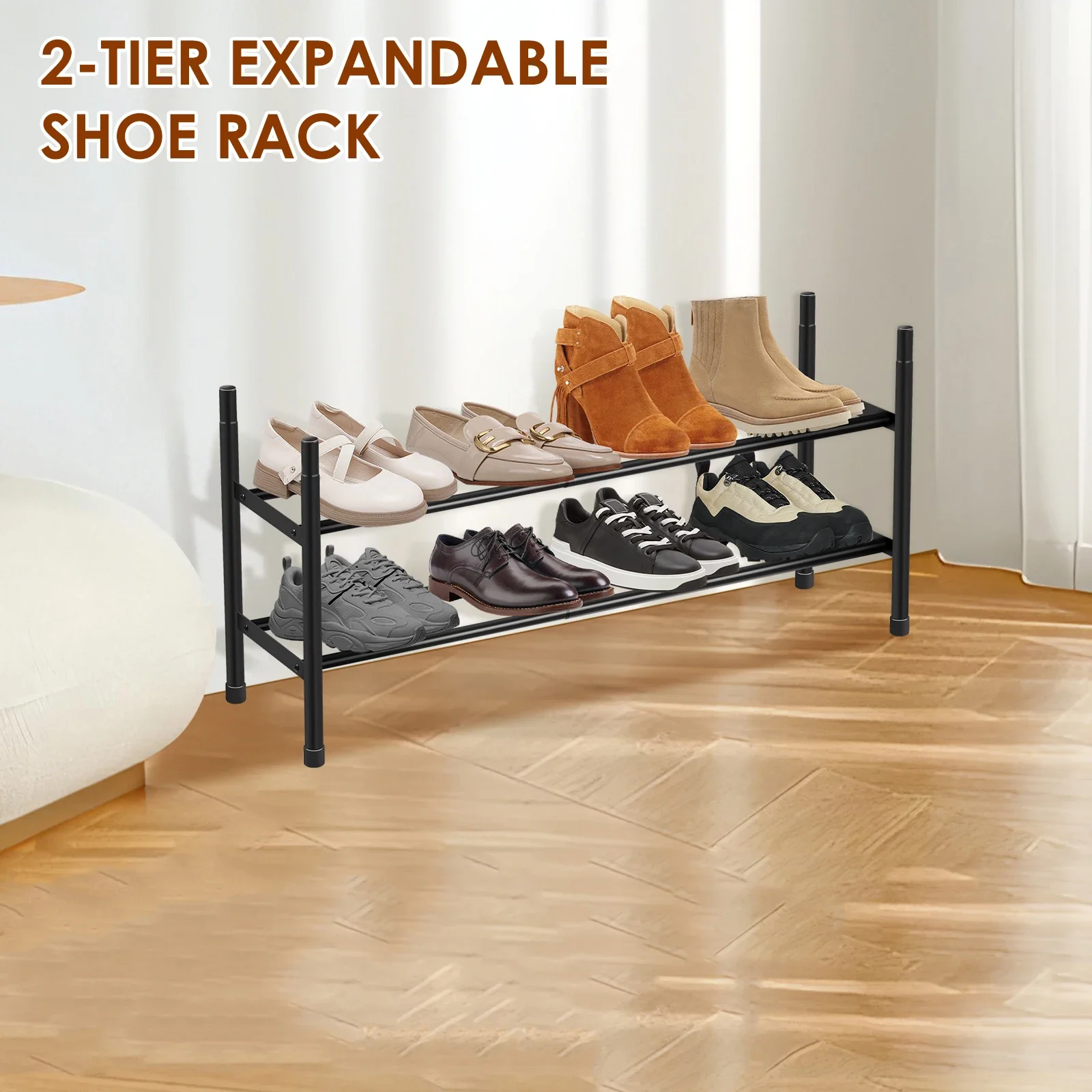 Expandable Shoe Rack 2 Tier Adjustable Shoe Storage Shelf Metal Storage Organizer Stackable Stand Rack Entryway