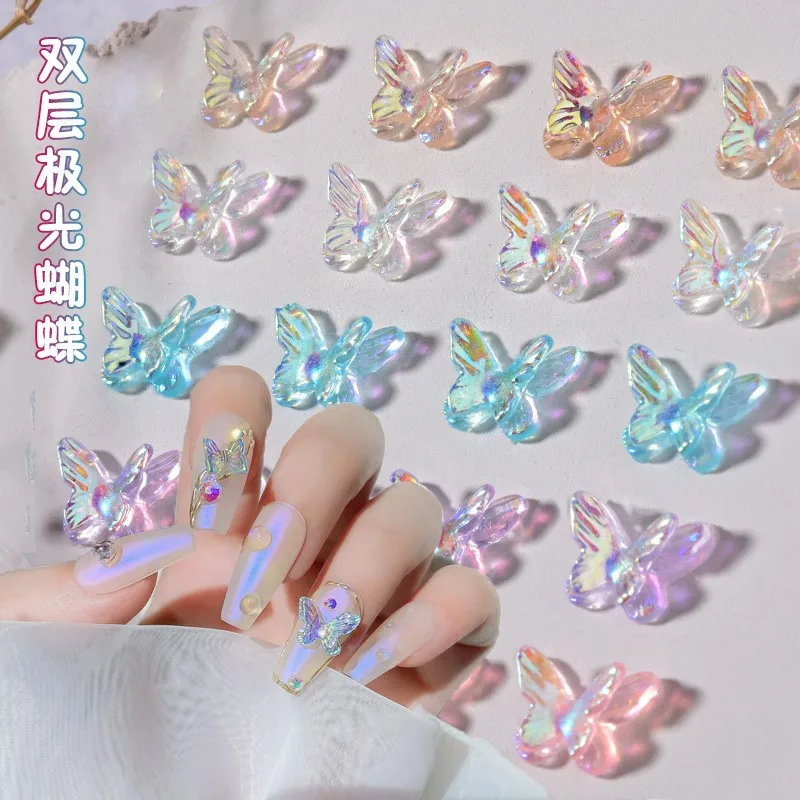 

50Pcs/Lot Aurora Butterfly Nail Charms 11*8mm Resin 3D Butterfly Nail Art Rhinestones For Manicure Nail Ornaments Accessories #Z