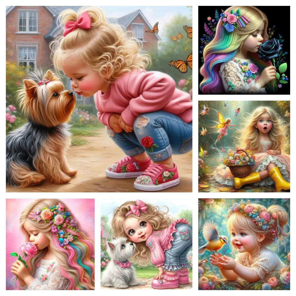 Diamond Painting Little Girl Sweet Cute Pictures Full Round Diamond Mosaic Cross Stitch Kit Home Wall Decoration Gift diamond painting