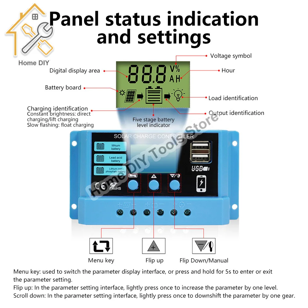 PWM 태양 충전 컨트롤러 12V 24V 10A/20A/30A 태양 컨트롤러 태양 전지 패널 배터리 조정기 LCD 디스플레이 듀얼 USB 5V 출력