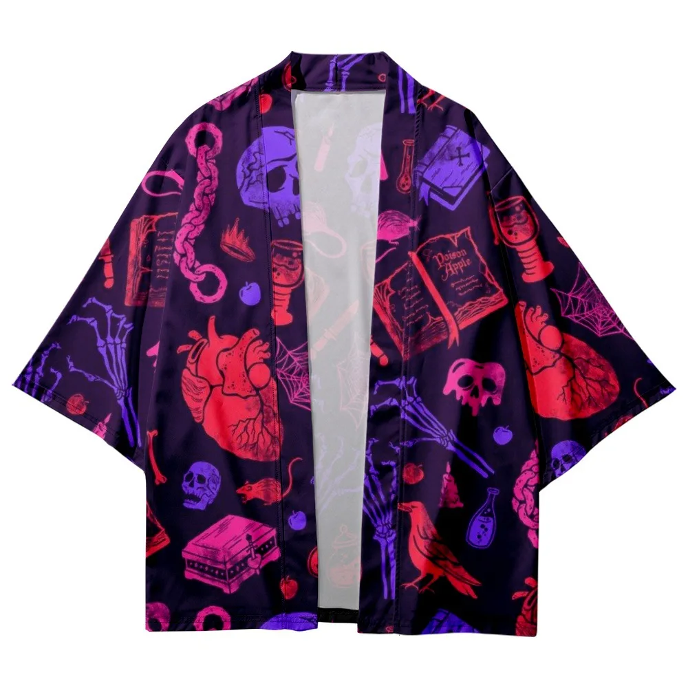 Streetwear Cardigan Haori Fashion Skeleton Print Cosplay Kimono Japanese Style Women Men Beach Yukata Halloween Tops