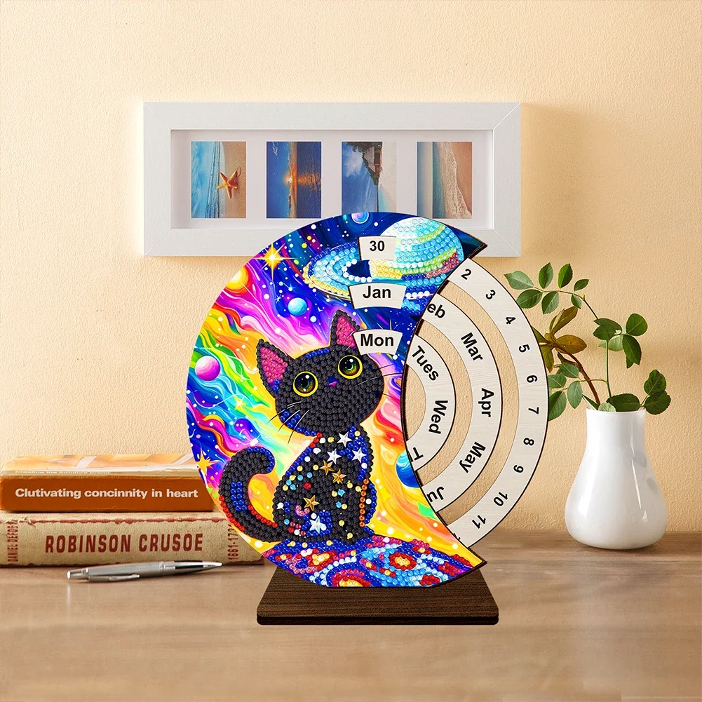 Wooden Special Shaped DIY Diamond Painting Moon Perpetual Calendar Diamond Handmade Rotating Calendar Desk Decor for Beginners