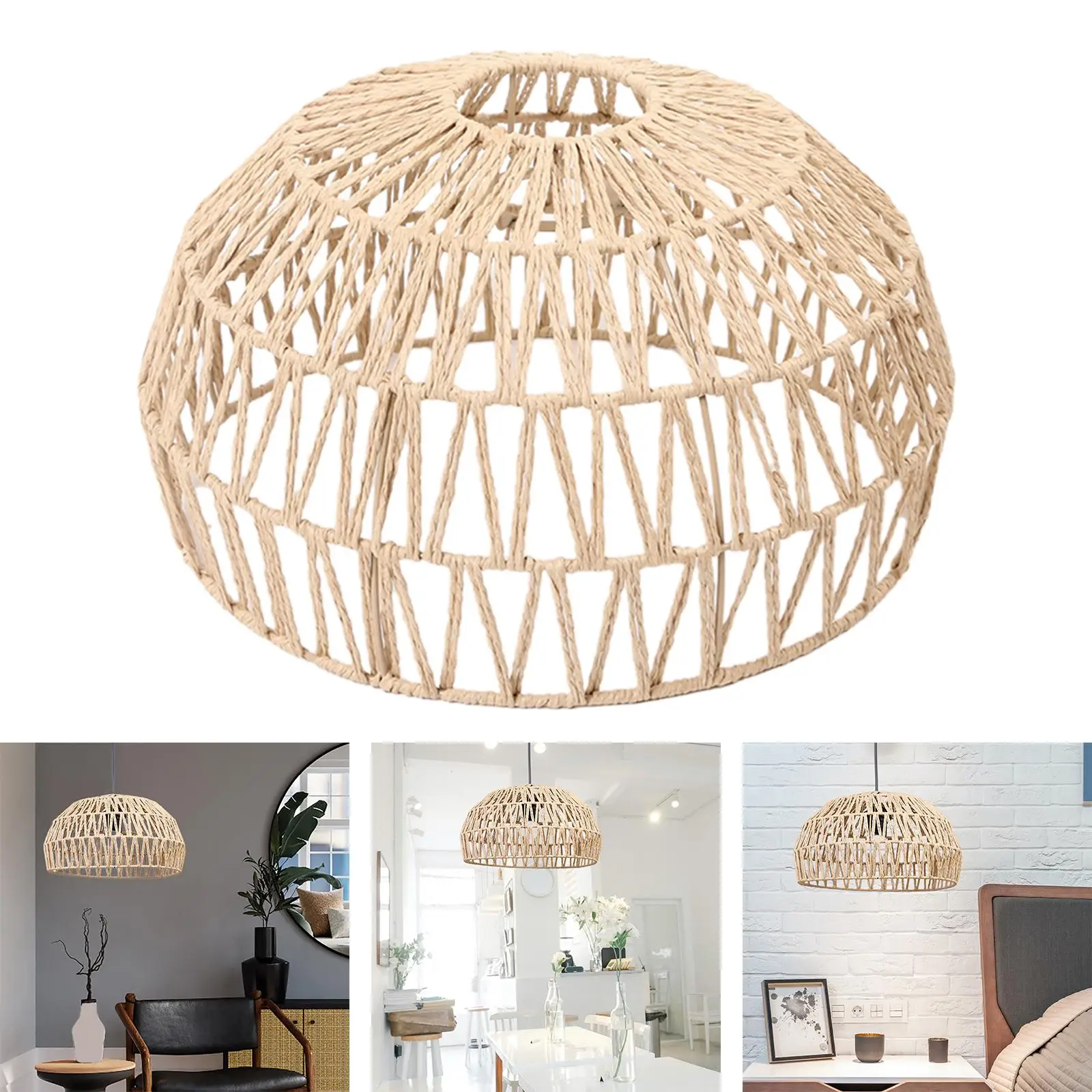 Bohemian Paper Rope Woven Lampshade Chandelier Lantern Pendant Lamp Shade Bulb Guard for Hotel, Living Room, Cafe Decoration