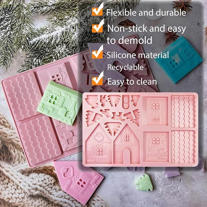 1PC Christmas House Building block Chocolate Silicone Mold Cake Decoration DIY Gingerbread House Shape Biscuits Stencil Baking