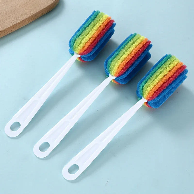 Newborn Baby Rainbow Sponge Brush Water Bottle Cup Mug Glass Washing Sponge Cleaning Scrubber with Handle Cleaning Utensils