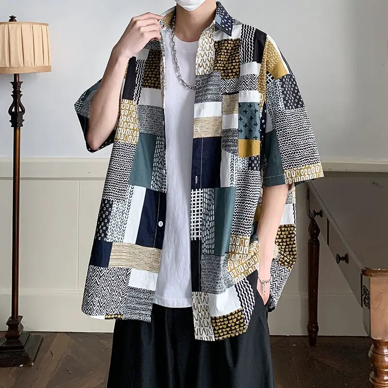Summer New Turn-down Collar Fashion Short Sleeve Shirt Man Harajuku Casual Loose Button Cardigan Y2K Printing Pure Cotton Blouse
