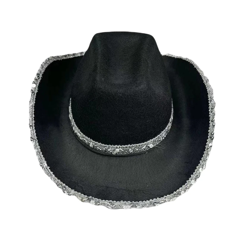 Women Vintage Western Black Cowboy Hats Shiny Sequined Wide Brim Thick Cap for Club Party Outdoor Camping Riding Sun Protection - 6