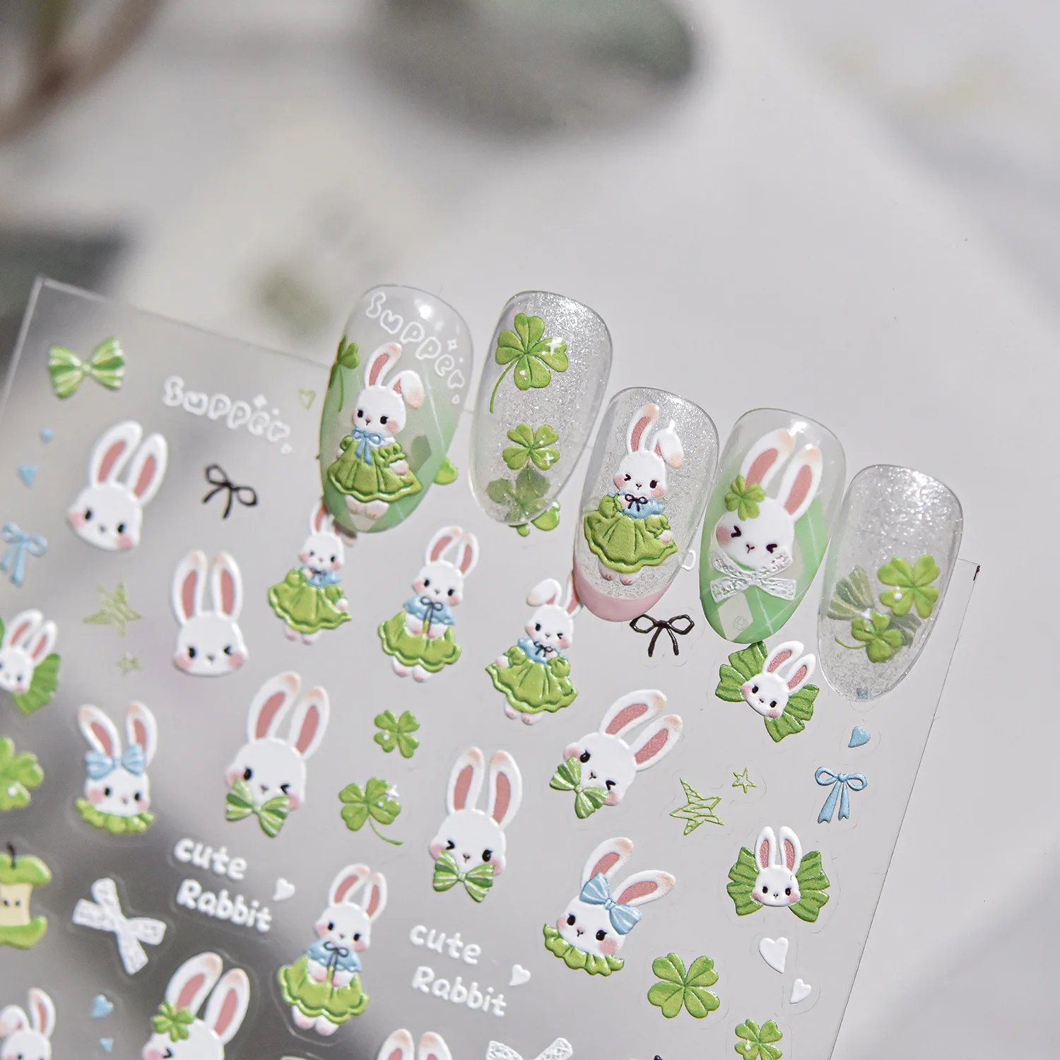 5D 네일 스티커 귀여운 토끼 녹색 잎 리본 버섯 꽃 나비 네일 참 스티커 셀프 접착 네일 아트 스티커