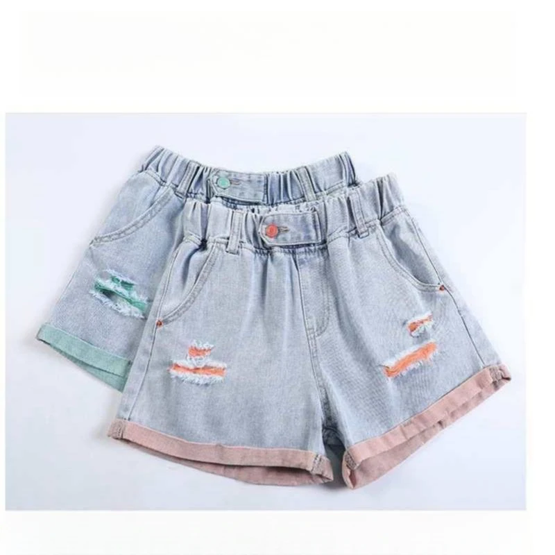 Elastic High Waist Ripped Denim Shorts Women 2024 Summer Korean Preppy Style Hole Loose Wide Leg Pants Casual Cuffs Jean Shorts