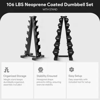 Dumbbell Set with Stand, Neoprene Coated Hand Weights Home Gym Equipment, X-Elite Set: 106-Pound (6 Pairs) 4