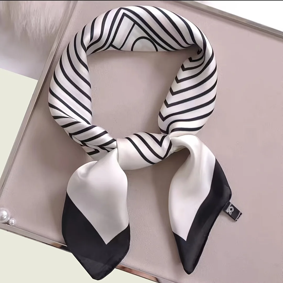 2024 New Fashion Square Imitation Silk Scarf Black And White Striped Head Wrap For Women Multifunction Silk Feeling Neckerchief 4